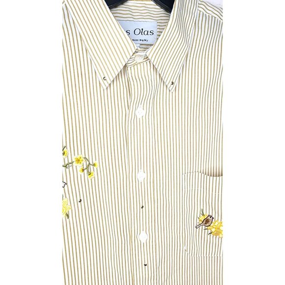 Las Olas Made in Korea Vintage Bird Floral Embroidered Gold Stud Button Up Shirt - Picture 6 of 12